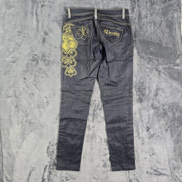 Dereon Jeans Womens 5/6 Dark Wash Skinny Snap Leg Gold Embroidered Logo - Picture 3 of 16